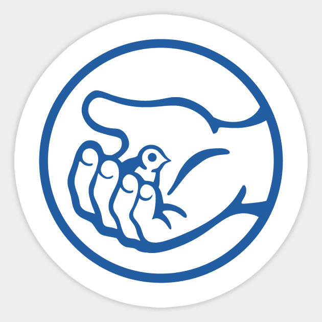 A small bird in a hand, as a symbol of care and compassion in blue ink Sticker by croquis design